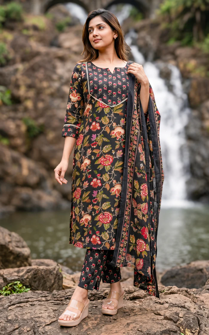 Floral Printed Salwar Suit with Dupatta – Black & Multicolor